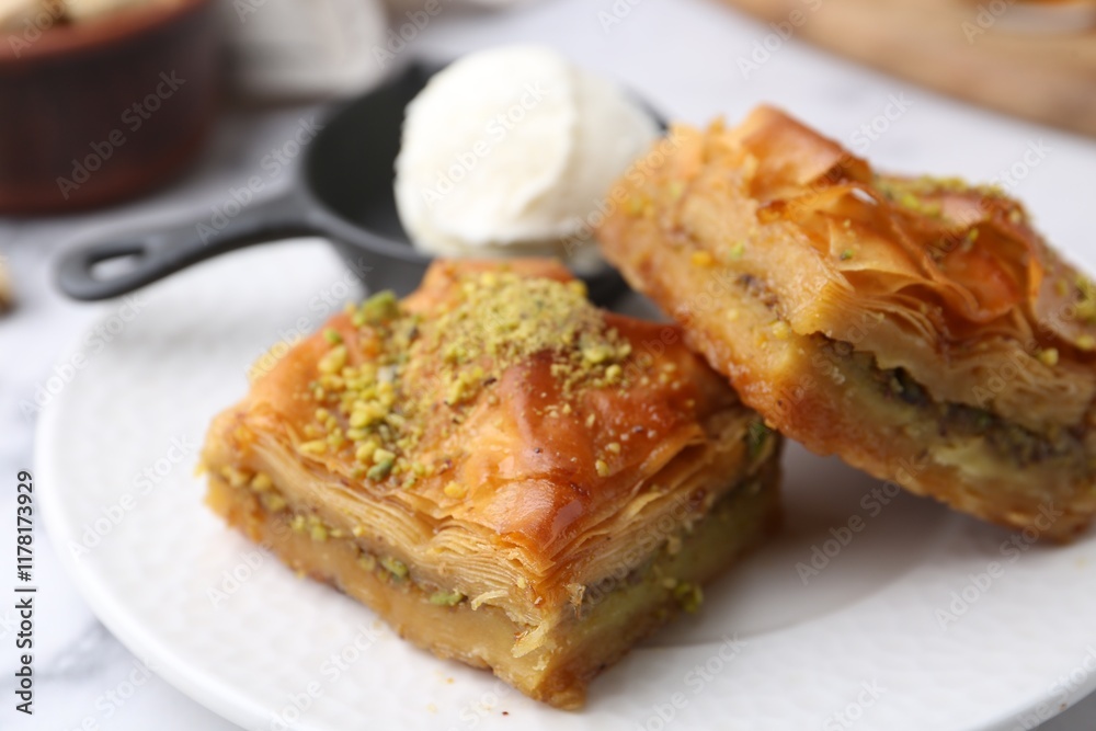 custom made wallpaper toronto digitalDelicious baklava with crushed nuts and ice cream on white table, closeup