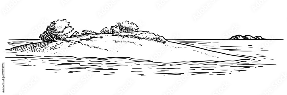 Fototapeta premium hand-drawn small island with rocks and sparse vegetation in black and white