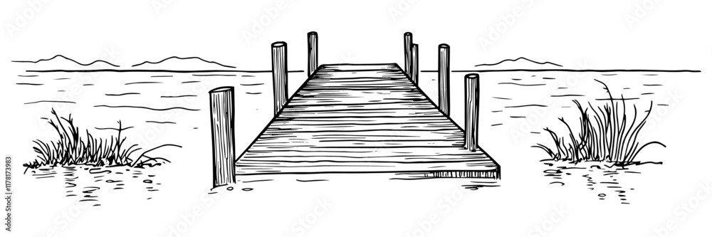 hand-drawn wooden pier extending into water with grass on both sides in black and white