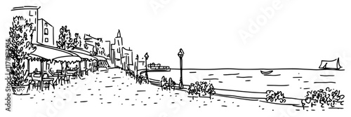hand-drawn seaside promenade with cafes, streetlights, and ocean view in black and white