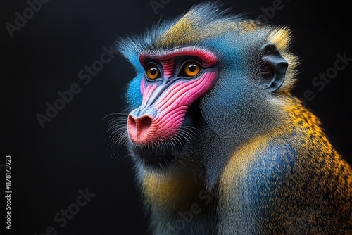 A close-up view of a monkey's face on a black background