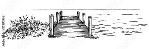 hand-drawn wooden pier by the water with nearby bush in black and white