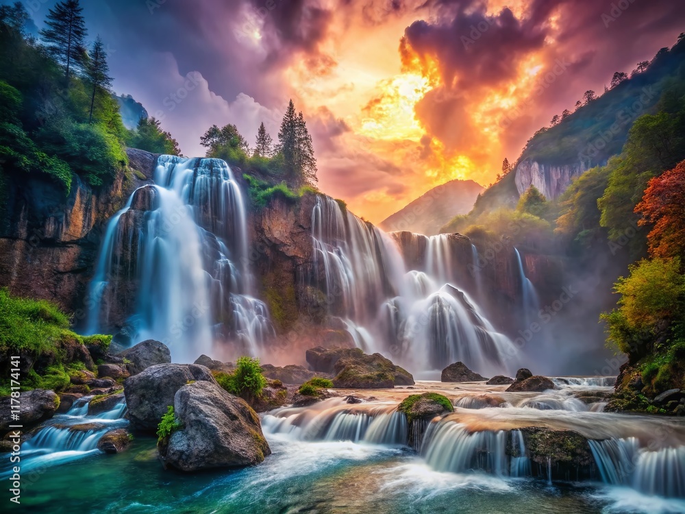 Fototapeta premium Surreal Rain-Soaked Ampola Dolomite Waterfalls - Anamorphic Lens Photography