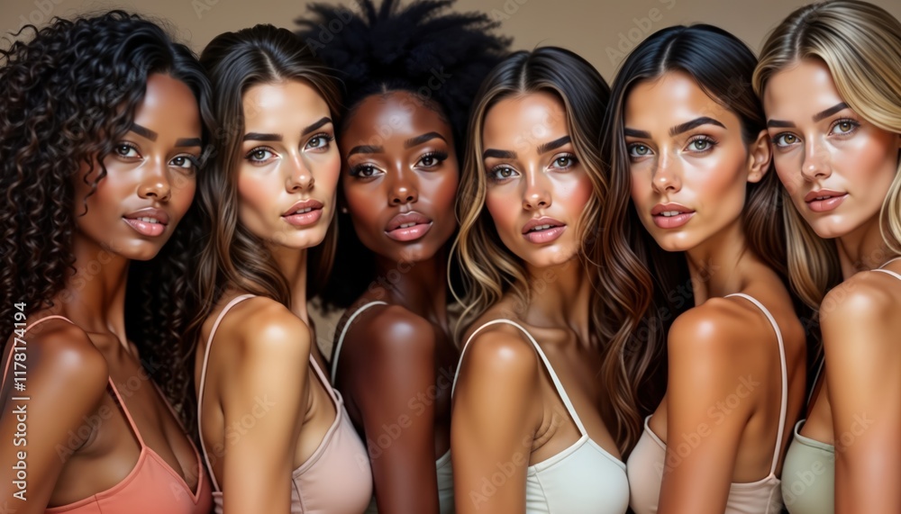 Group of diverse models with glowing skin. Attractive women with various ethnicities, hairstyles. Studio portrait. Natural beauty, skincare focus. Models confidently pose. Modern wellness, beauty