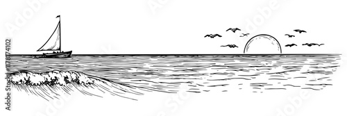 sailboat on ocean during sunset with birds flying, hand drawn sketch