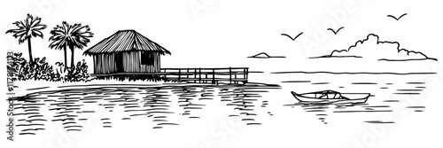 tropical hut with pier and boat on calm water, hand drawn sketch