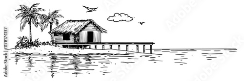 hand-drawn tropical hut on stilts with palm trees and ocean view