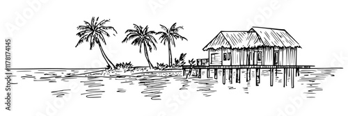 hand-drawn tropical island with stilt hut and palm trees over calm water