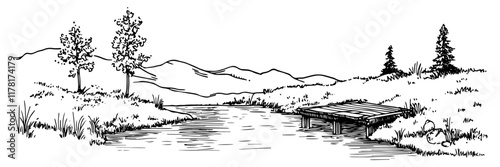 hand-drawn mountain river landscape with trees and distant hills in black and white