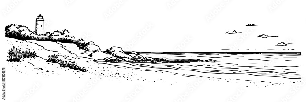hand-drawn seaside landscape with lighthouse, sandy beach, and calm waves in black and white hand-drawn seaside landscape with lighthouse, sandy beach, and calm waves in black and white