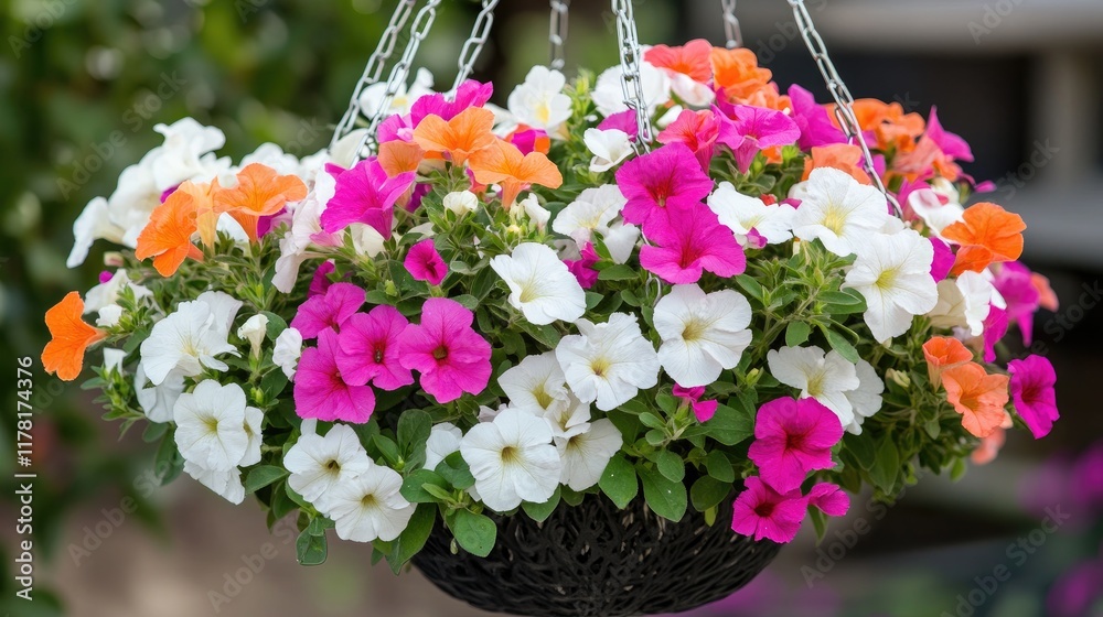 A colorful arrangement of real hanging flower bushes with white, pink, and orange blooms. A colorful arrangement of real hanging flower bushes with white, pink, and orange blooms.