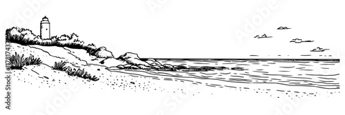 hand-drawn seaside landscape with lighthouse, sandy beach, and calm waves in black and white