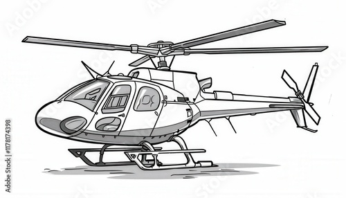 A stylized line art drawing of a helicopter. Ideal for coloring books, activity sheets, or simple illustrations related to transportation or aviation. photo