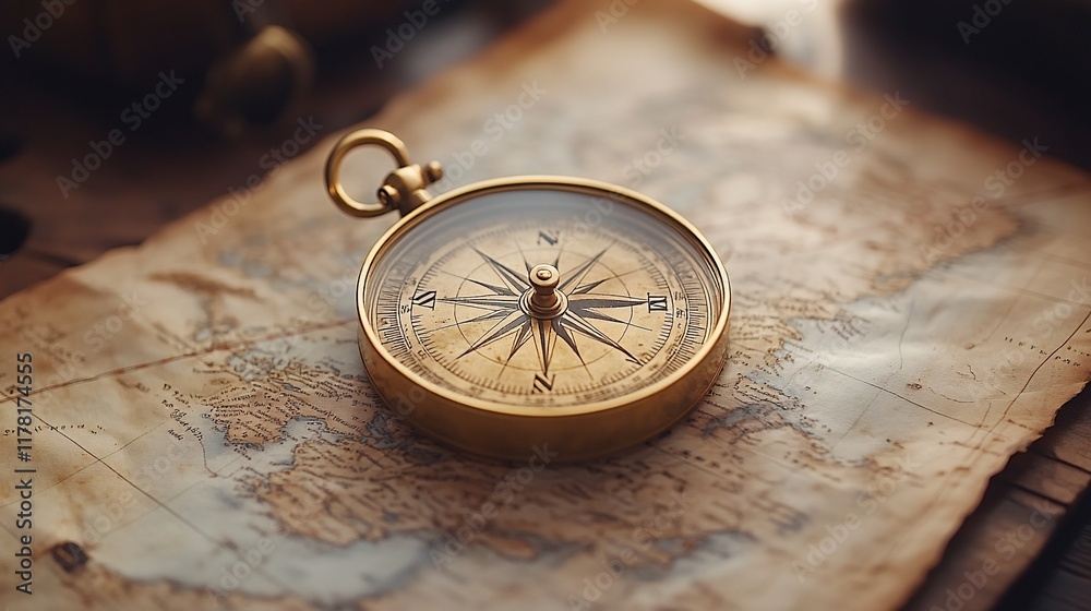 Antique Compass Rests on Aged World Map Antique Compass Rests on Aged World Map