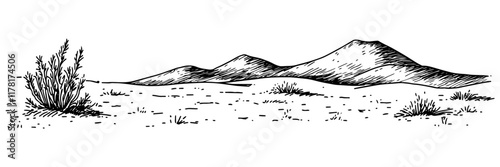 desert landscape with mountains and sparse vegetation in black outline style