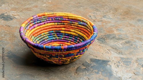 A colorful handmade basket with vibrant threads, sitting on a natural stone table.