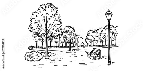 park with trees, bench, and street lamp in black outline style
