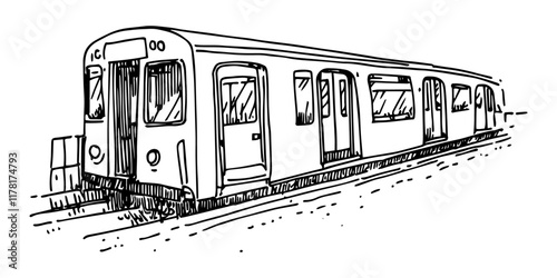 subway train on railway track in black outline style