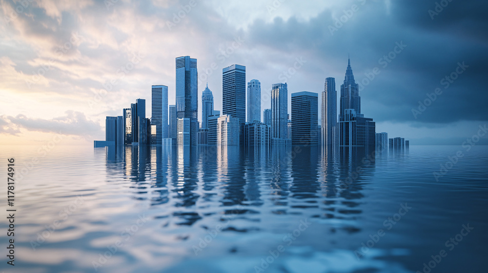 Fototapeta premium A city skyline partially submerged in floodwaters, with reflections of buildings in the water, symbolizing the impact of rising sea levels and heavy rainfall. 