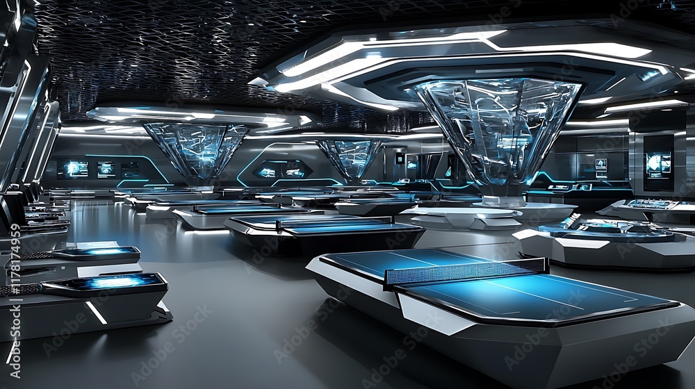 Fototapeta premium Futuristic interior design with numerous ping pong tables, sleek metallic surfaces, and blue neon lighting.