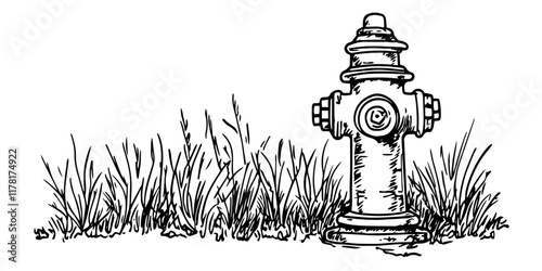 fire hydrant in tall grass in black outline style