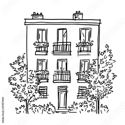 apartment building with balconies and trees in black outline style