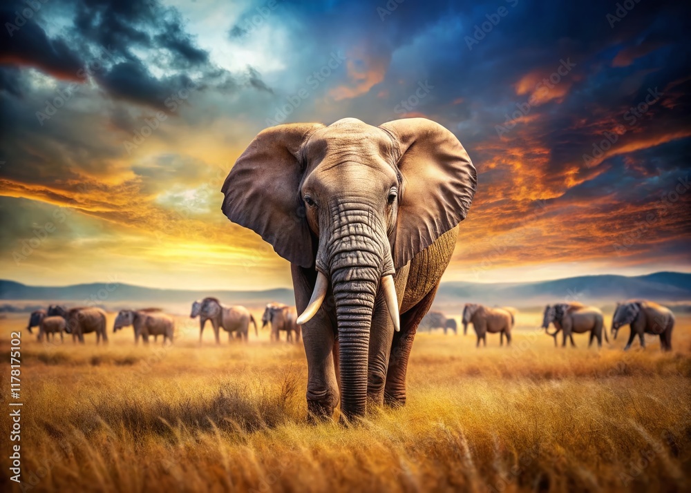 Fototapeta premium Surreal Serengeti: Elephant and Zebra Herd Dreamscape