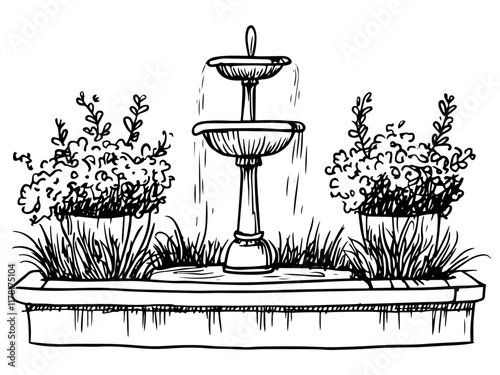 decorative garden fountain with plants and flowers, hand drawn sketch