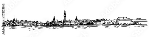 historic city skyline with churches and old buildings, hand drawn sketch