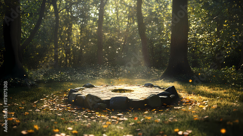 A secluded glade where rustling leaves and magical light encircle a stone altar with homeopathic ingredients. celtic druid circle. illustration. Evergold. Illustration photo