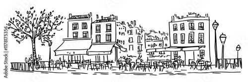 city square with cafes and trees in black sketch