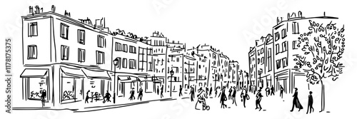 city street with buildings and walking people in outline style