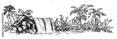 jungle waterfall surrounded by tropical plants in black sketch