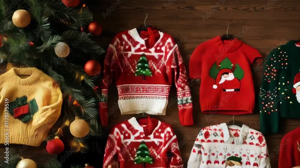 Row of children's Christmas sweaters with various designs and colors. 4K Video