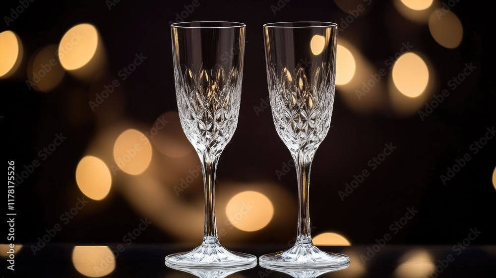 A crystal-clear champagne flute set against a black background with elegant lighting. A crystal-clear champagne flute set against a black background with elegant lighting.