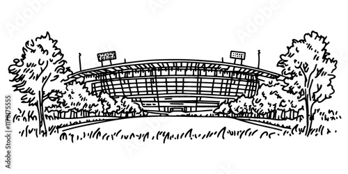 stadium surrounded by trees in black outline drawing style