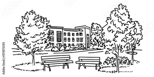 park with benches and trees near a building in outline style