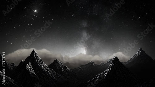 Black and white photo of a mountain range with a star in the sky. 4K Video