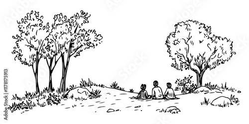 people relaxing in a park with trees, hand drawn sketch