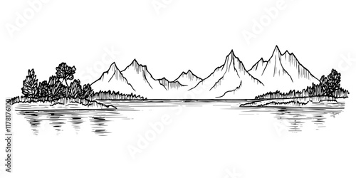 mountain range reflected in water with trees on shore, black hand-drawn illustration