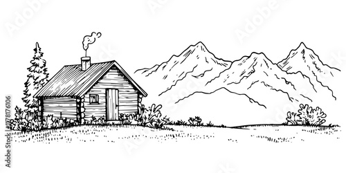 mountain cabin with trees and hills in black sketch