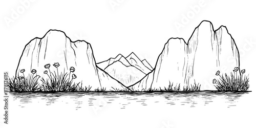 rocky landscape with flowers and distant mountains, black hand-drawn illustration