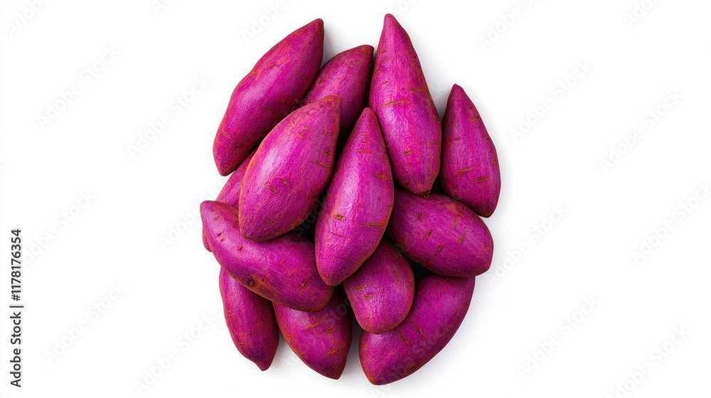 A pile of vibrant purple sweet potatoes on a white background. A pile of vibrant purple sweet potatoes on a white background.