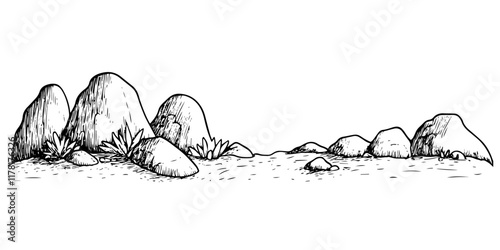 group of rocks with grass on flat terrain, black hand-drawn illustration