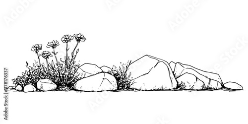 rock and plant composition sketch in black vector style