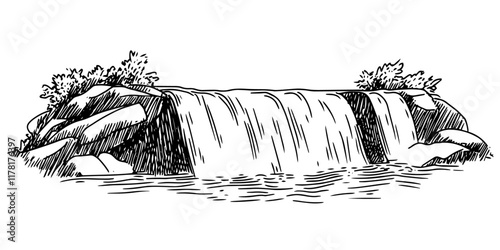 natural waterfall cascading over rocks in black illustration