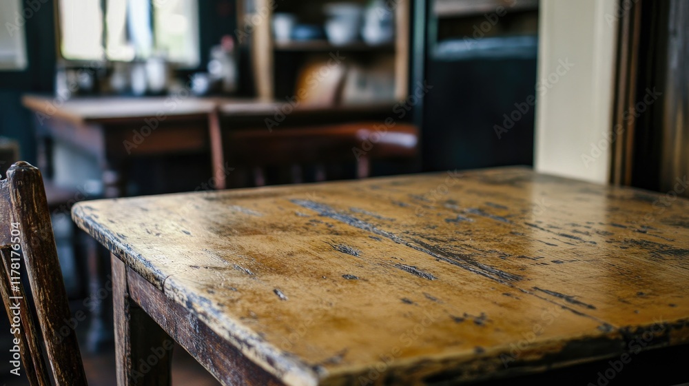 A distressed wooden table with scratches and marks, sitting in an airy, uncluttered room.