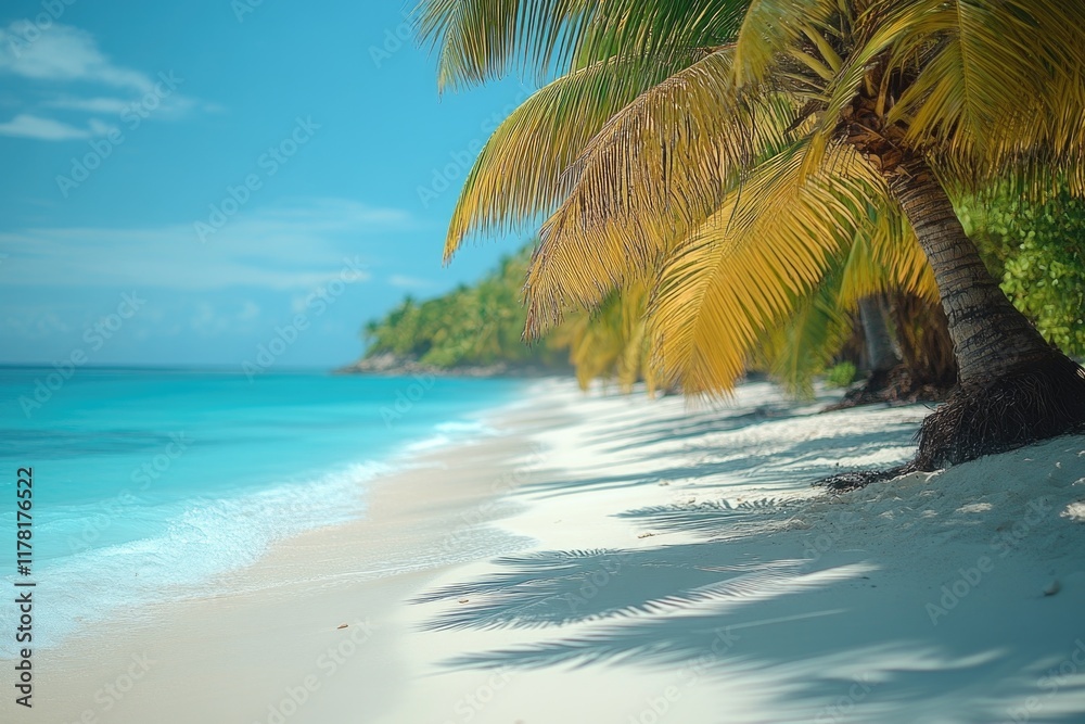 A serene coastal scene featuring palm trees and clear blue water A serene coastal scene featuring palm trees and clear blue water