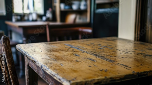 A distressed wooden table with scratches and marks, sitting in an airy, uncluttered room.