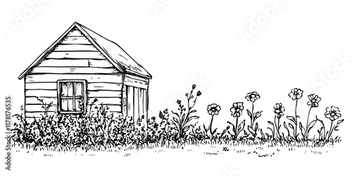wooden shed with flowers and overgrown grass, hand drawn sketch
